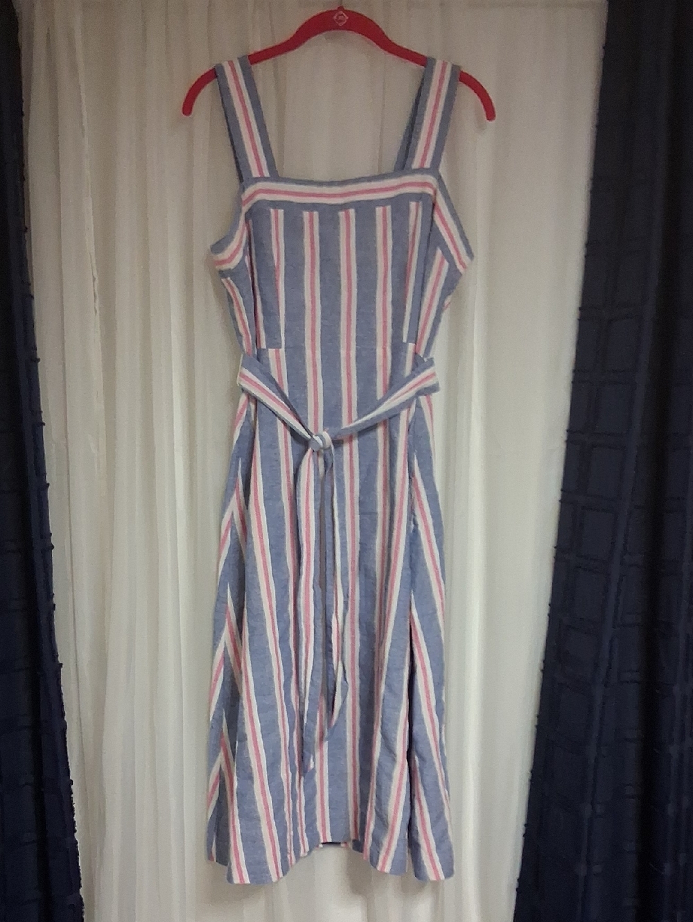 Jones Studio Blue, White & Pink Striped Midi Dress with Tie Waist